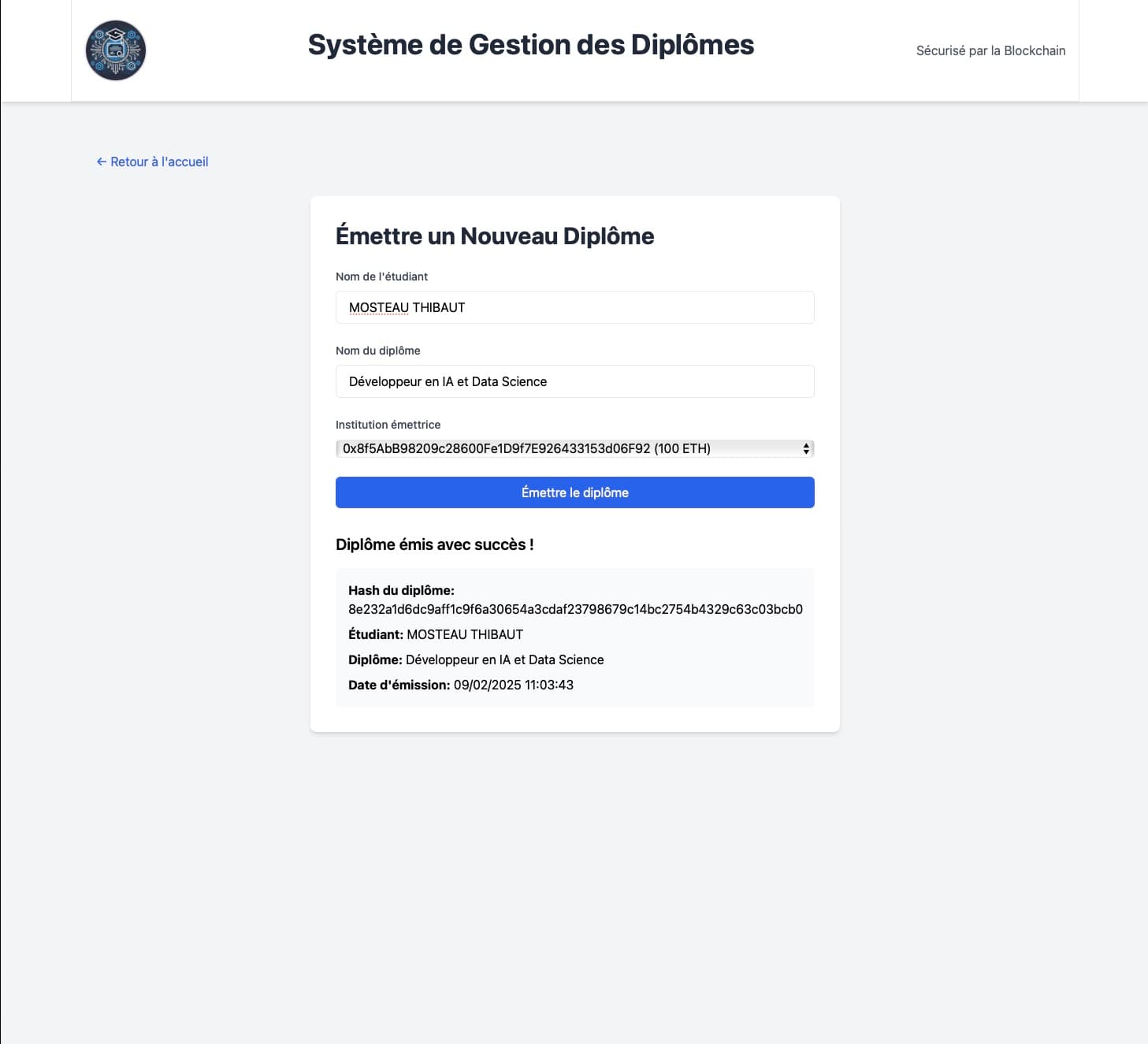 Émettre un diplôme